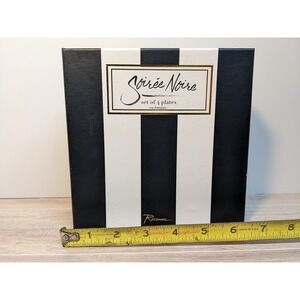 Rosanna Soirée Noire Set of 4 Black Coupe Plates Gold French Phrases Gift Box